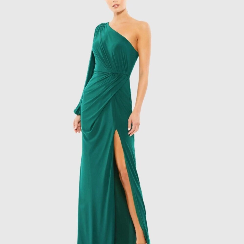 MAC DUGGAL Size 2 Green 67879 One Shoulder Jersey Split Sleeve Gown Dress Maxi